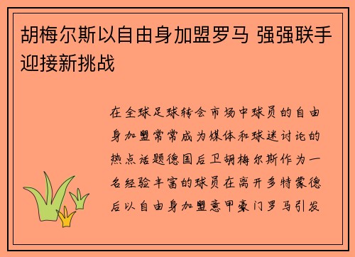 胡梅尔斯以自由身加盟罗马 强强联手迎接新挑战 胡梅尔斯以自由身加盟罗马 强强联手迎接新挑战